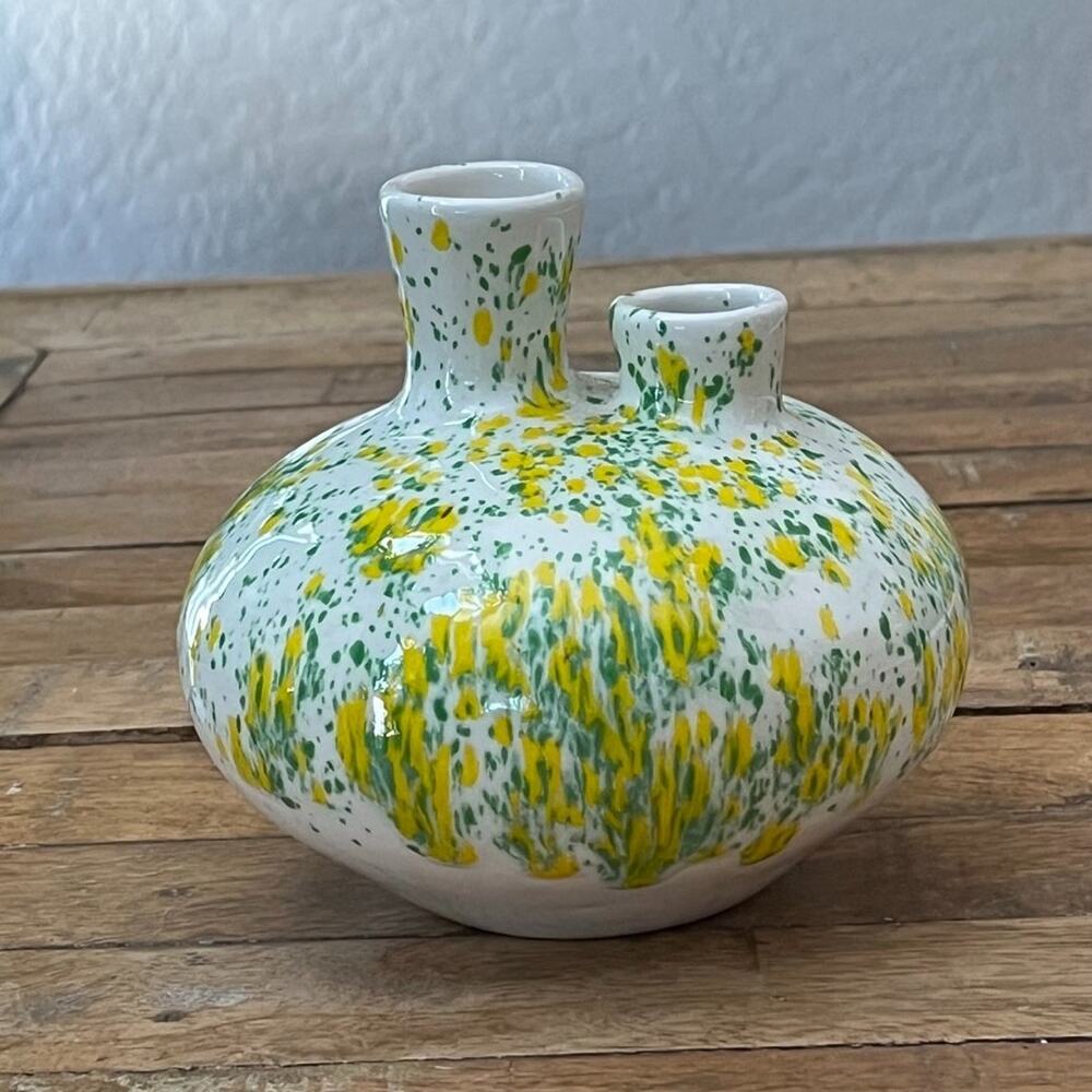 Studio Art Ceramic Bud Vase 5.5" Double Spout Yellow Green Spotted Glaze